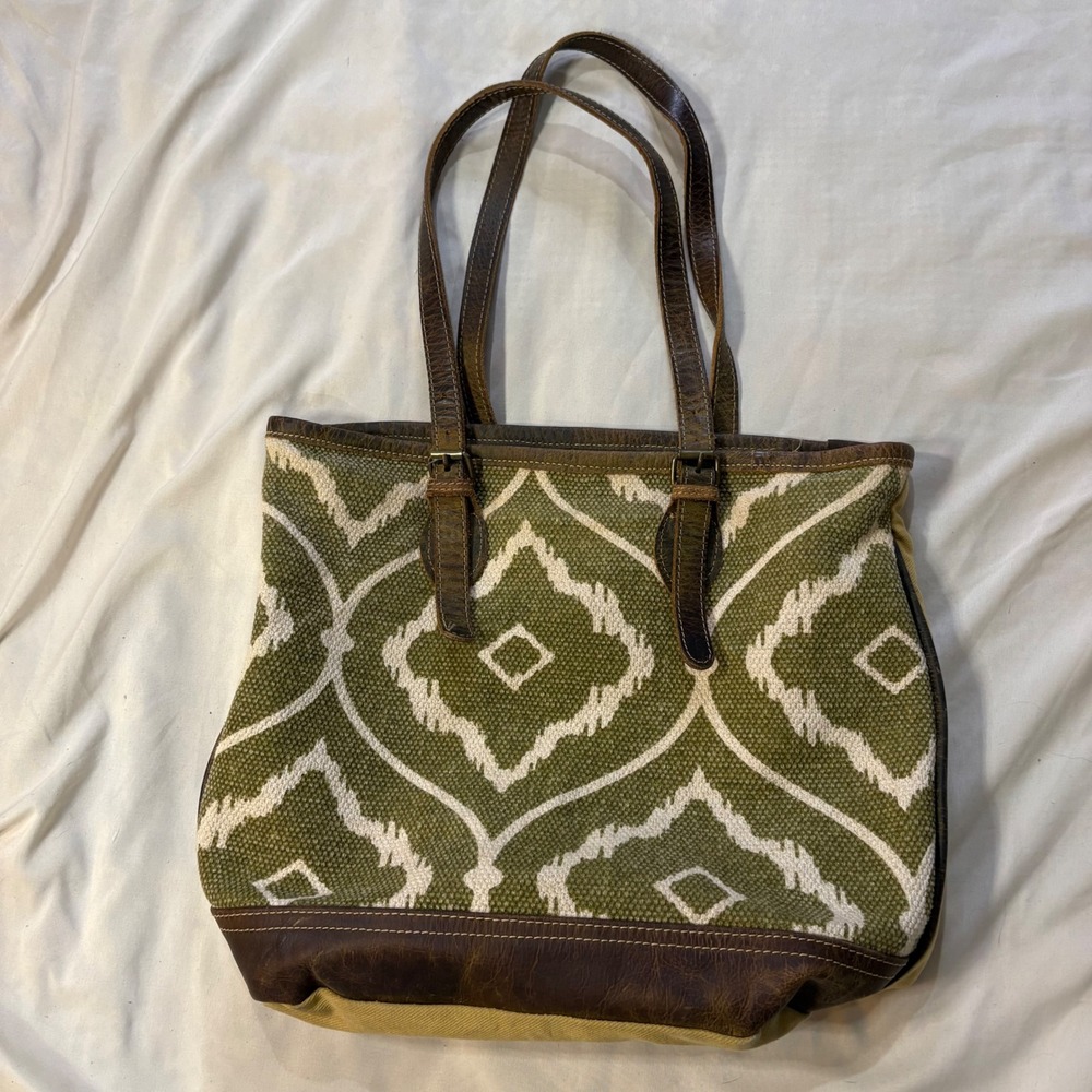 Myra Bag Green Ikat Pattern‎ Leather Trim Canvas Tote Bag